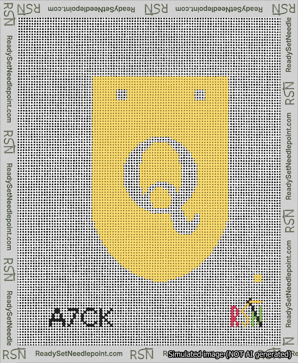 A taped needlepoint canvas with the design: Banner 13 mesh count Rounded Q White on Yellow.