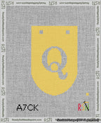 A taped needlepoint canvas with the design: Banner 13 mesh count Rounded Q White on Yellow.