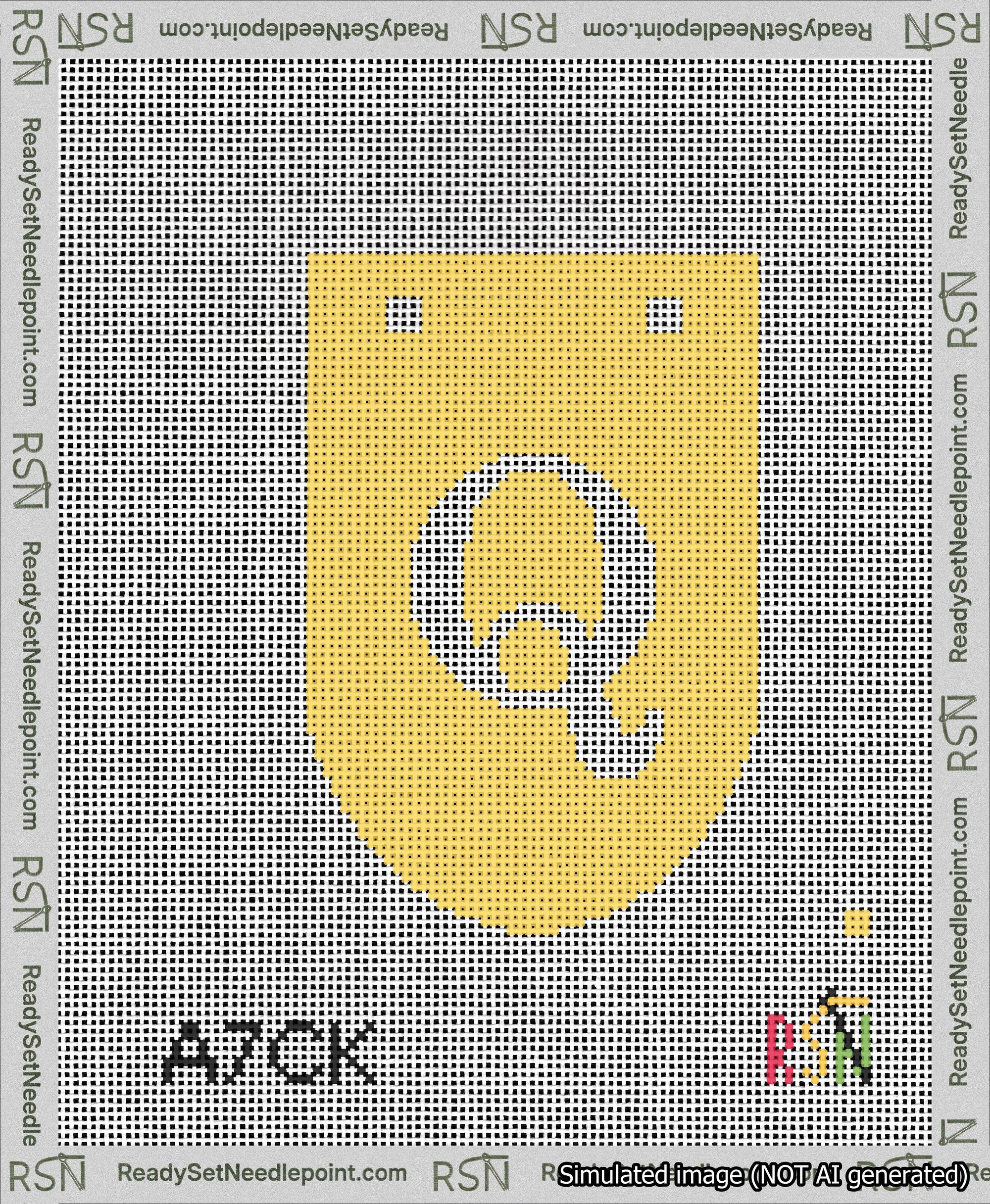 A taped needlepoint canvas with the design: Banner 13 mesh count Rounded Q White on Yellow.