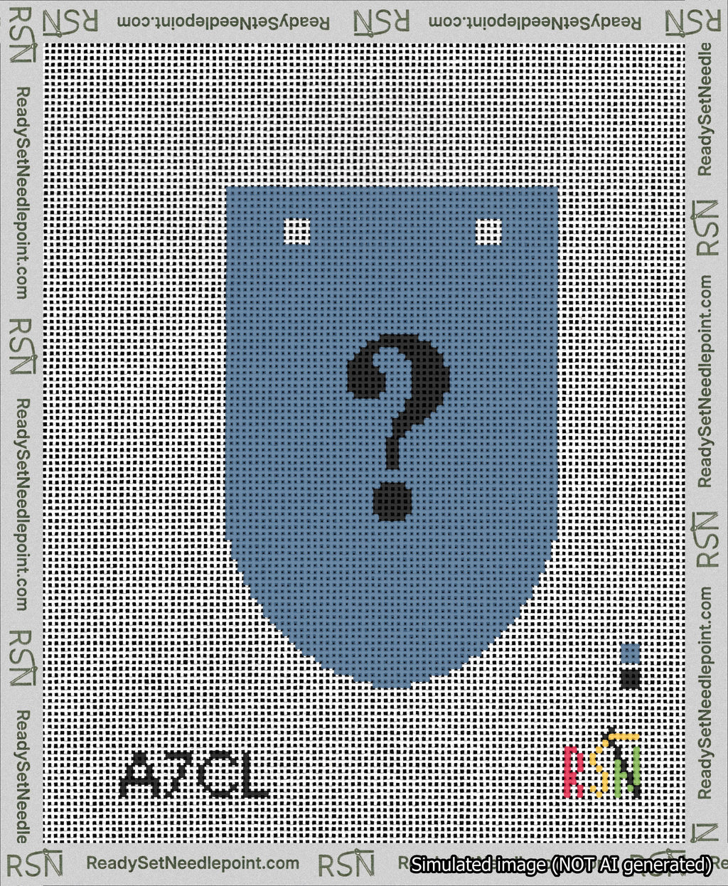 A taped needlepoint canvas with the design: Banner 13 mesh count Rounded Question Black on Blue.
