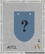 A taped needlepoint canvas with the design: Banner 13 mesh count Rounded Question Black on Blue.