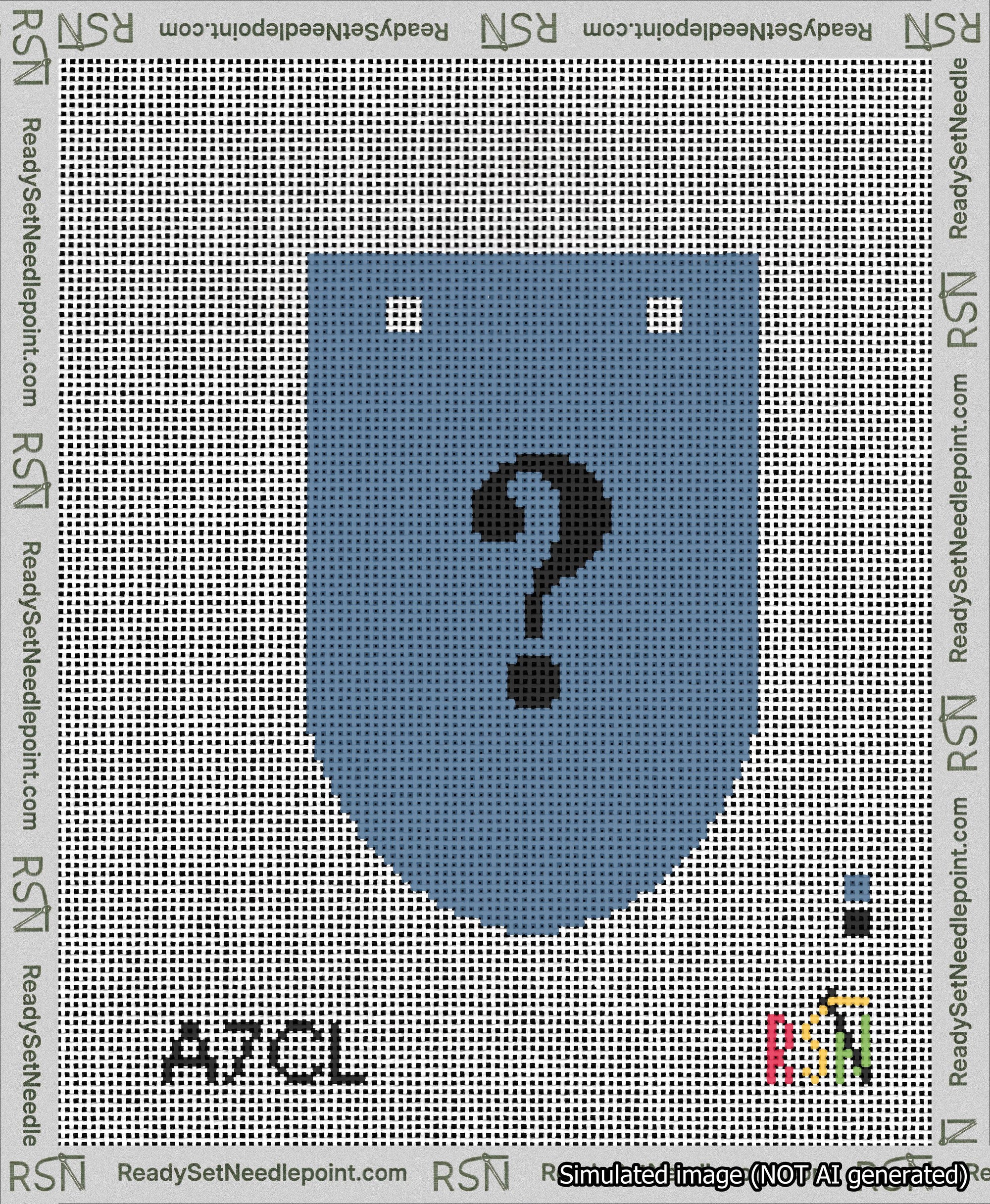 A taped needlepoint canvas with the design: Banner 13 mesh count Rounded Question Black on Blue.