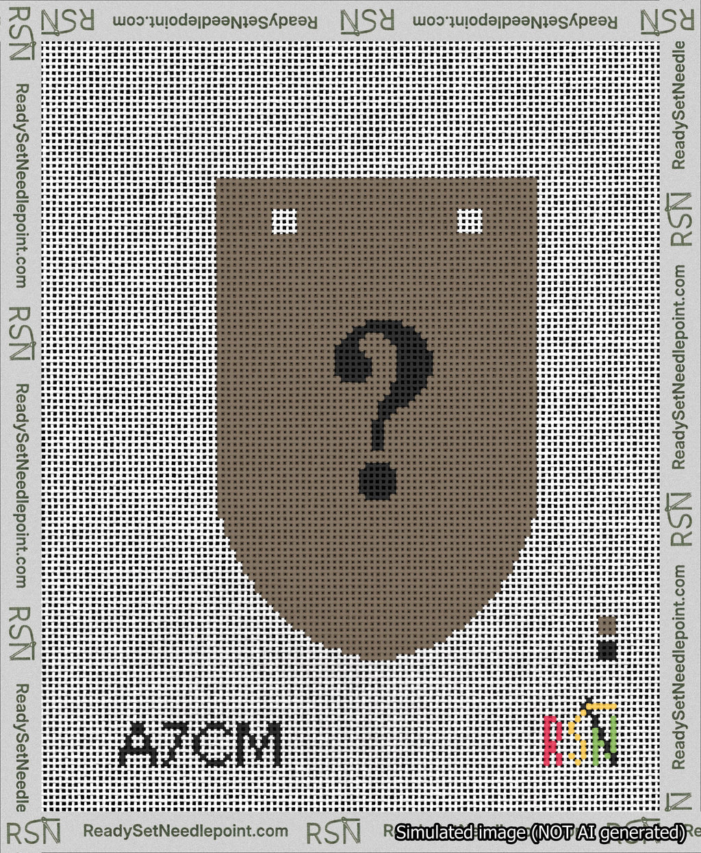 A taped needlepoint canvas with the design: Banner 13 mesh count Rounded Question Black on Brown.