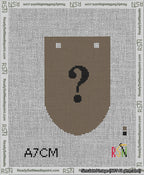 A taped needlepoint canvas with the design: Banner 13 mesh count Rounded Question Black on Brown.