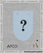 A taped needlepoint canvas with the design: Banner 13 mesh count Rounded Question Black on Light Blue.