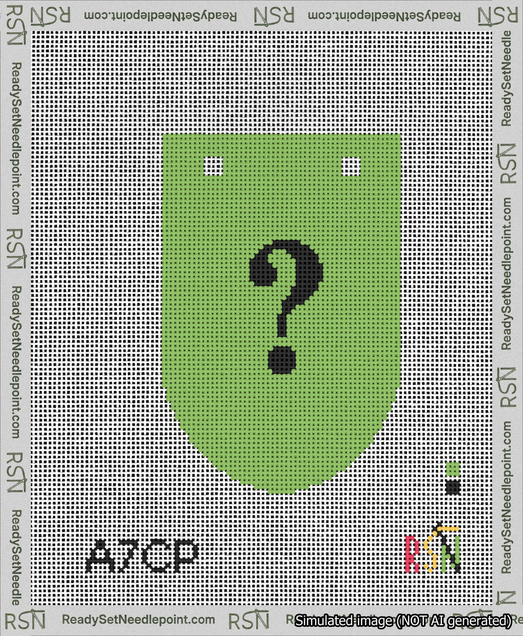 A taped needlepoint canvas with the design: Banner 13 mesh count Rounded Question Black on Light Green.