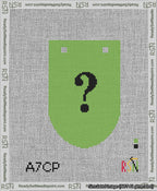 A taped needlepoint canvas with the design: Banner 13 mesh count Rounded Question Black on Light Green.