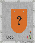 A taped needlepoint canvas with the design: Banner 13 mesh count Rounded Question Black on Orange.