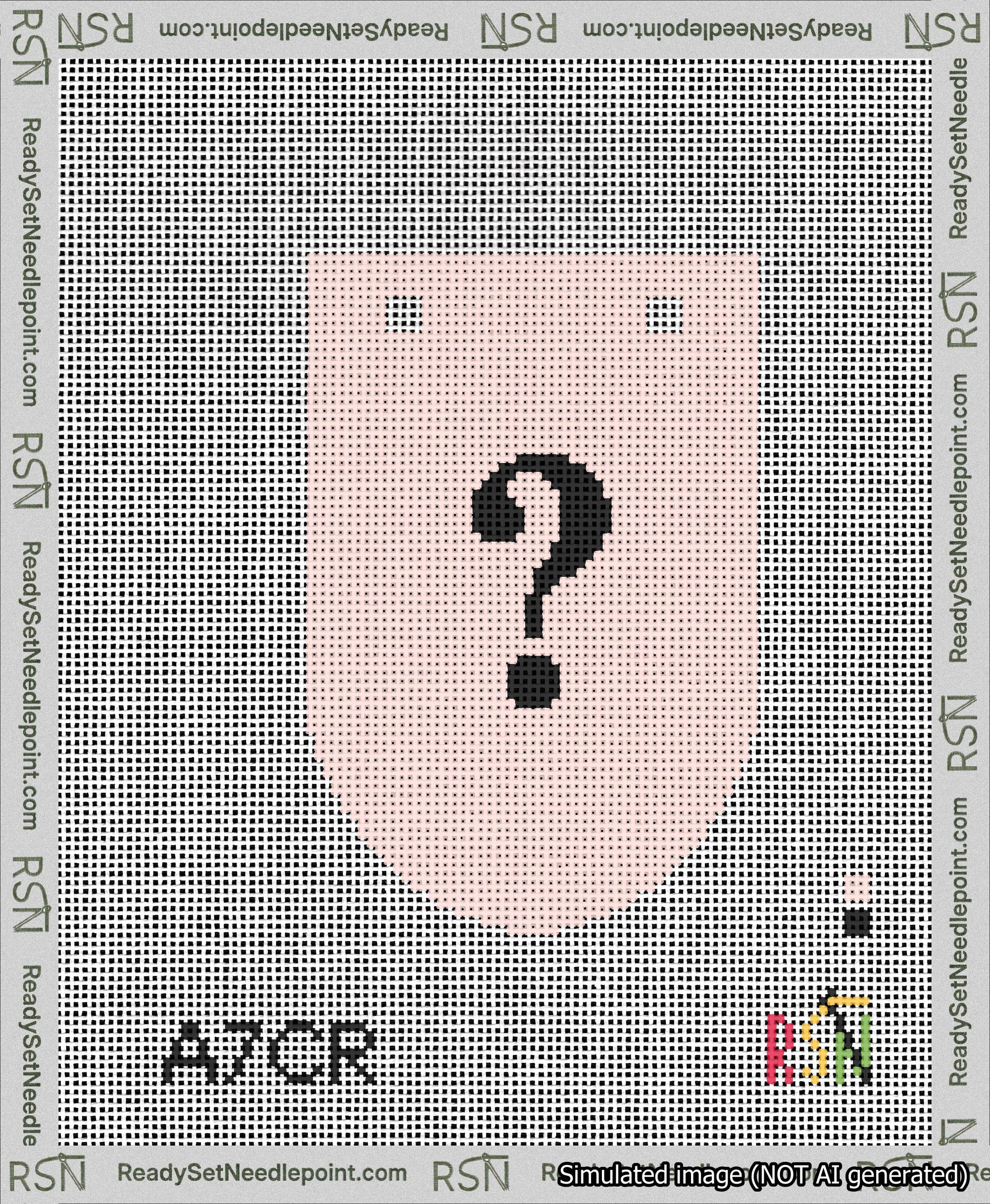 A taped needlepoint canvas with the design: Banner 13 mesh count Rounded Question Black on Pink.