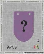 A taped needlepoint canvas with the design: Banner 13 mesh count Rounded Question Black on Purple.