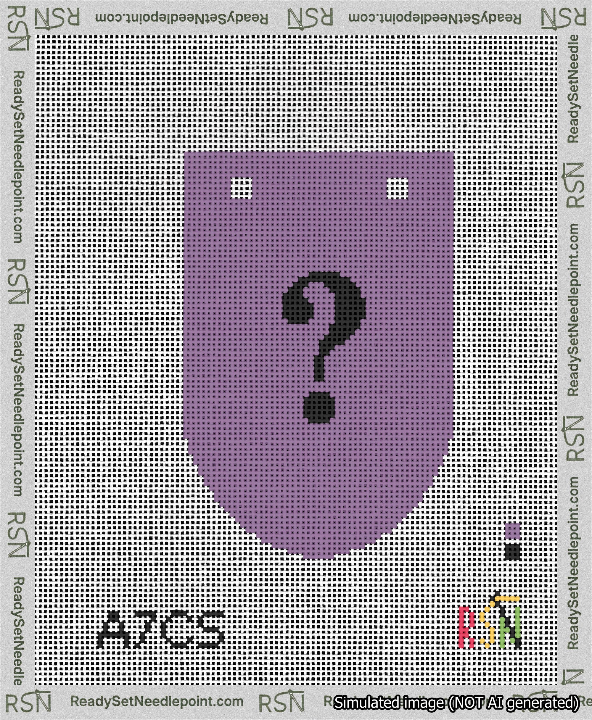 A taped needlepoint canvas with the design: Banner 13 mesh count Rounded Question Black on Purple.