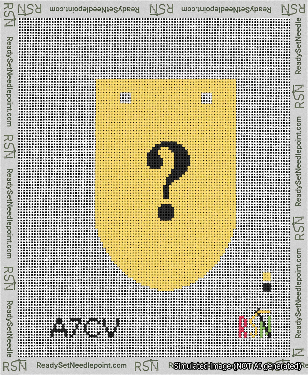 A taped needlepoint canvas with the design: Banner 13 mesh count Rounded Question Black on Yellow.