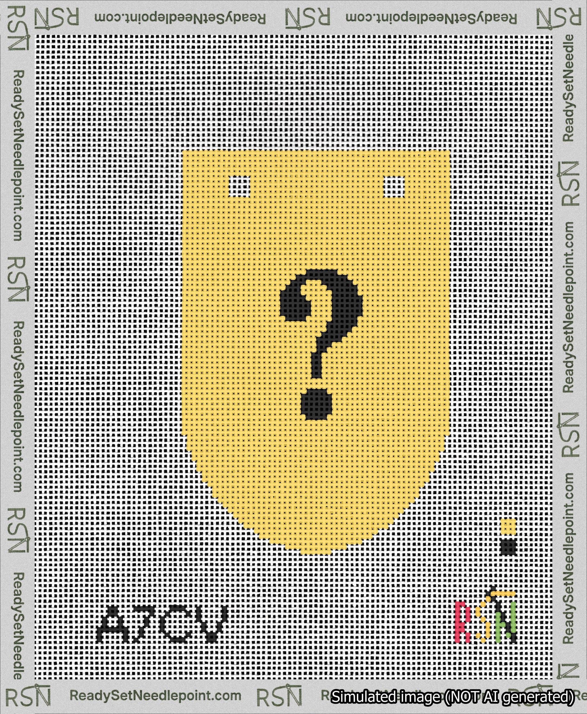 A taped needlepoint canvas with the design: Banner 13 mesh count Rounded Question Black on Yellow.