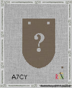 A taped needlepoint canvas with the design: Banner 13 mesh count Rounded Question White on Brown.
