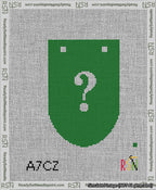 A taped needlepoint canvas with the design: Banner 13 mesh count Rounded Question White on Green.