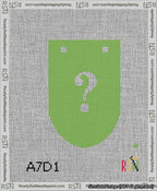 A taped needlepoint canvas with the design: Banner 13 mesh count Rounded Question White on Light Green.