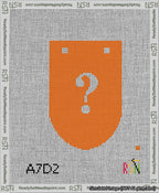 A taped needlepoint canvas with the design: Banner 13 mesh count Rounded Question White on Orange.