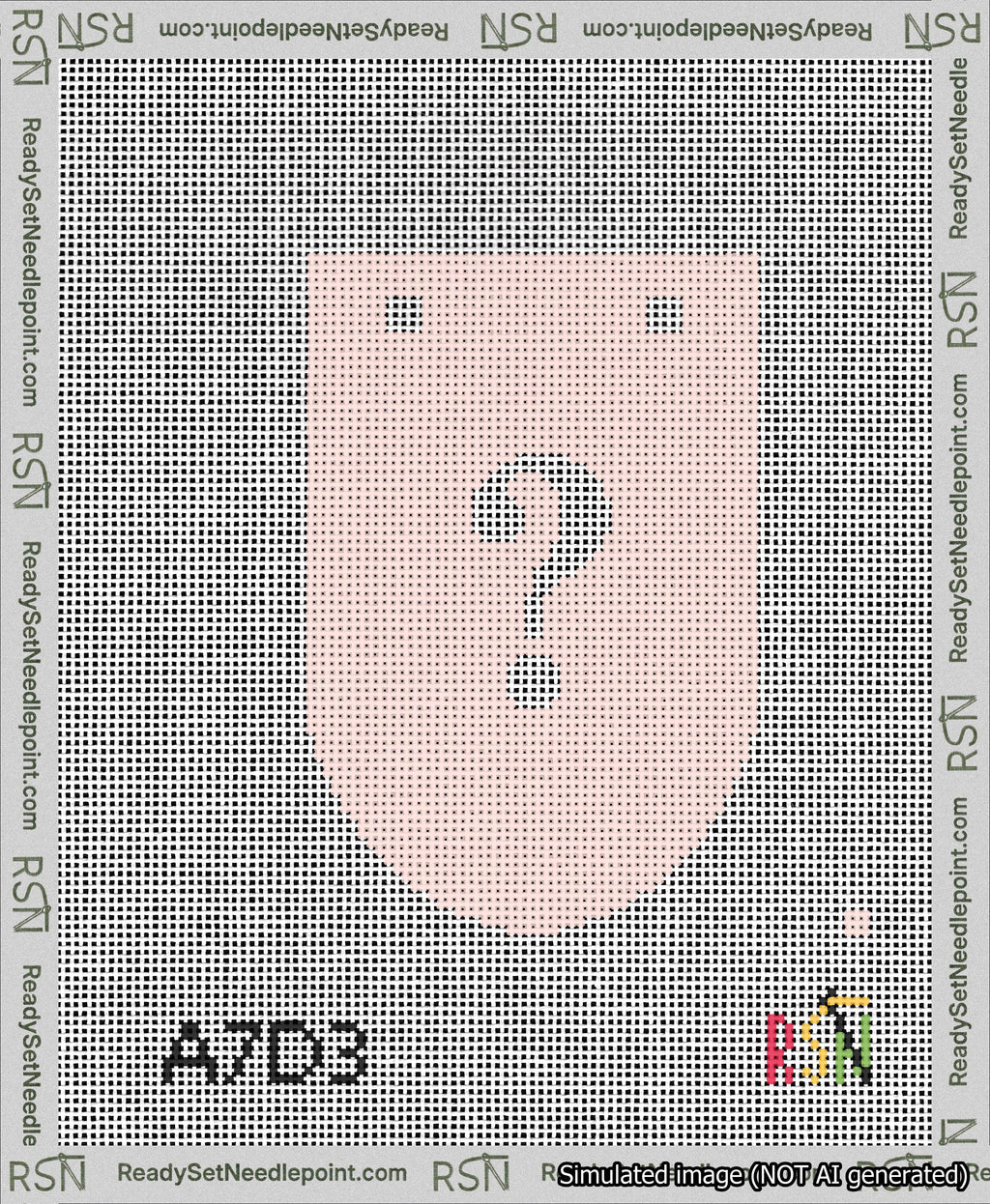 A taped needlepoint canvas with the design: Banner 13 mesh count Rounded Question White on Pink.