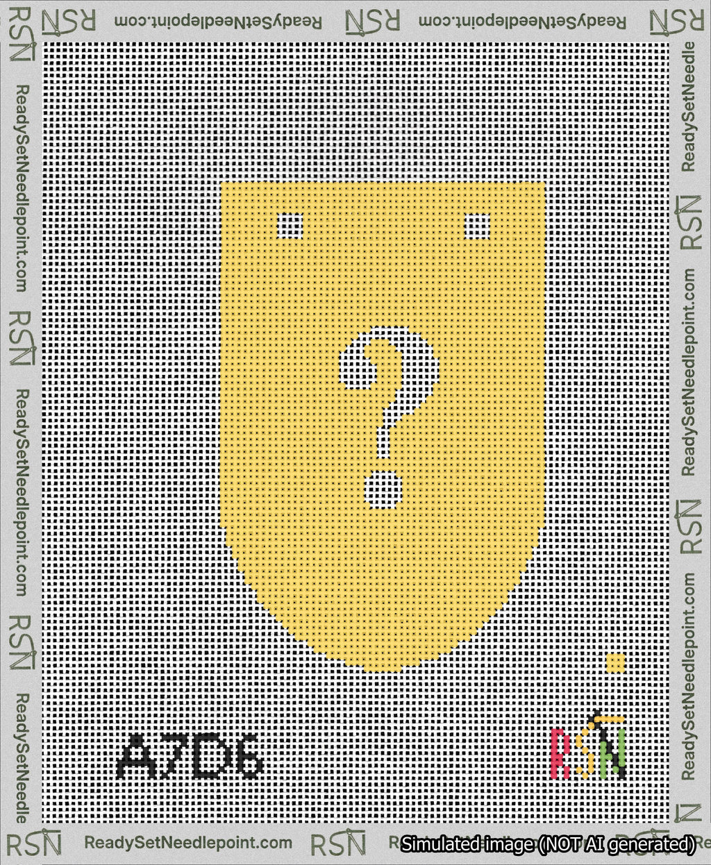 A taped needlepoint canvas with the design: Banner 13 mesh count Rounded Question White on Yellow.