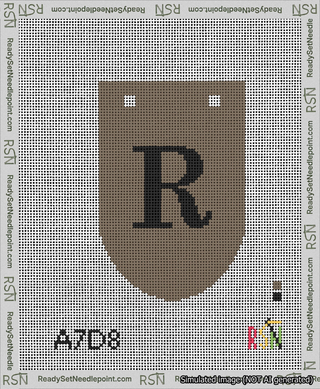 A taped needlepoint canvas with the design: Banner 13 mesh count Rounded R Black on Brown.
