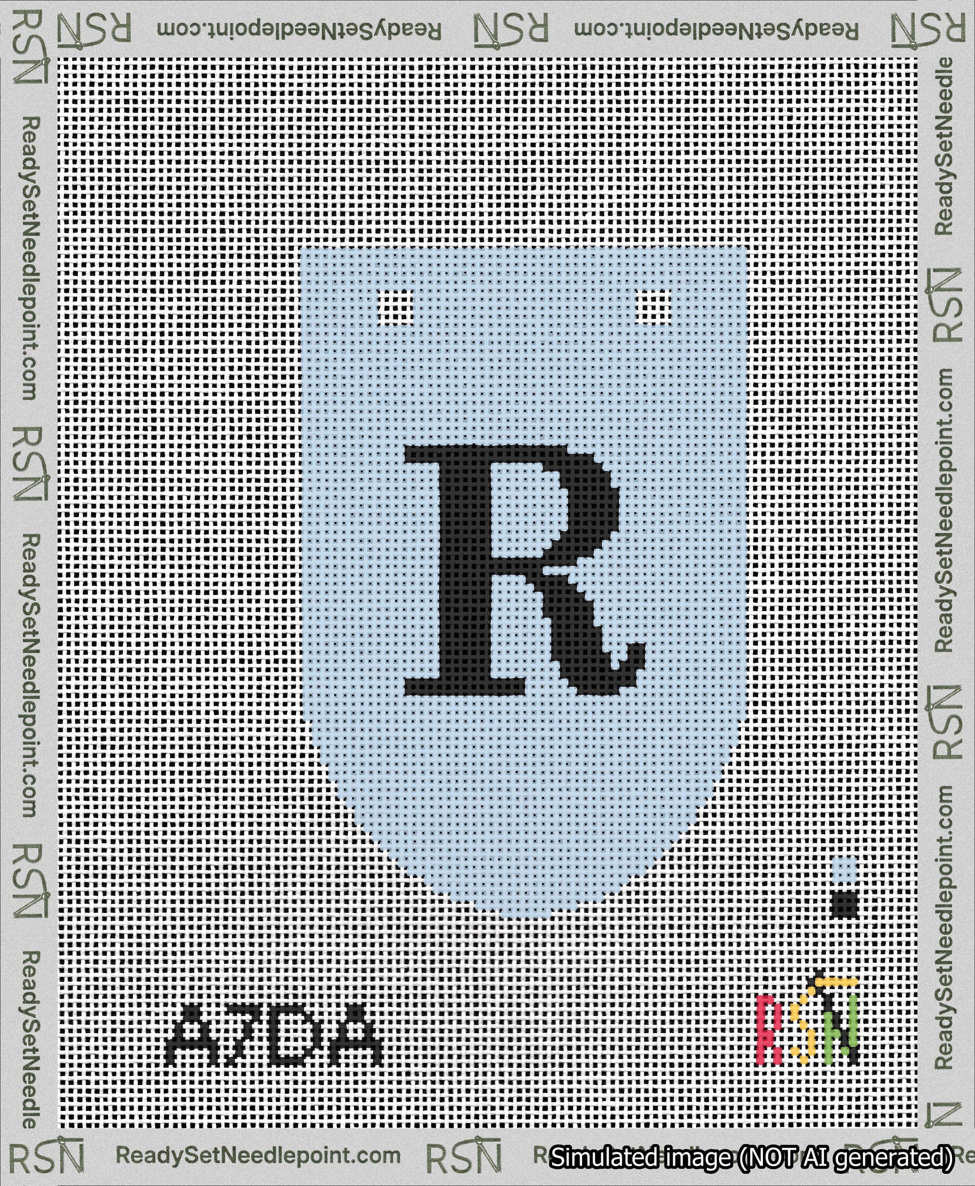 A taped needlepoint canvas with the design: Banner 13 mesh count Rounded R Black on Light Blue.