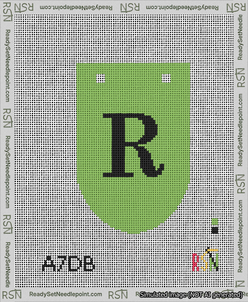 A taped needlepoint canvas with the design: Banner 13 mesh count Rounded R Black on Light Green.