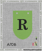 A taped needlepoint canvas with the design: Banner 13 mesh count Rounded R Black on Light Green.