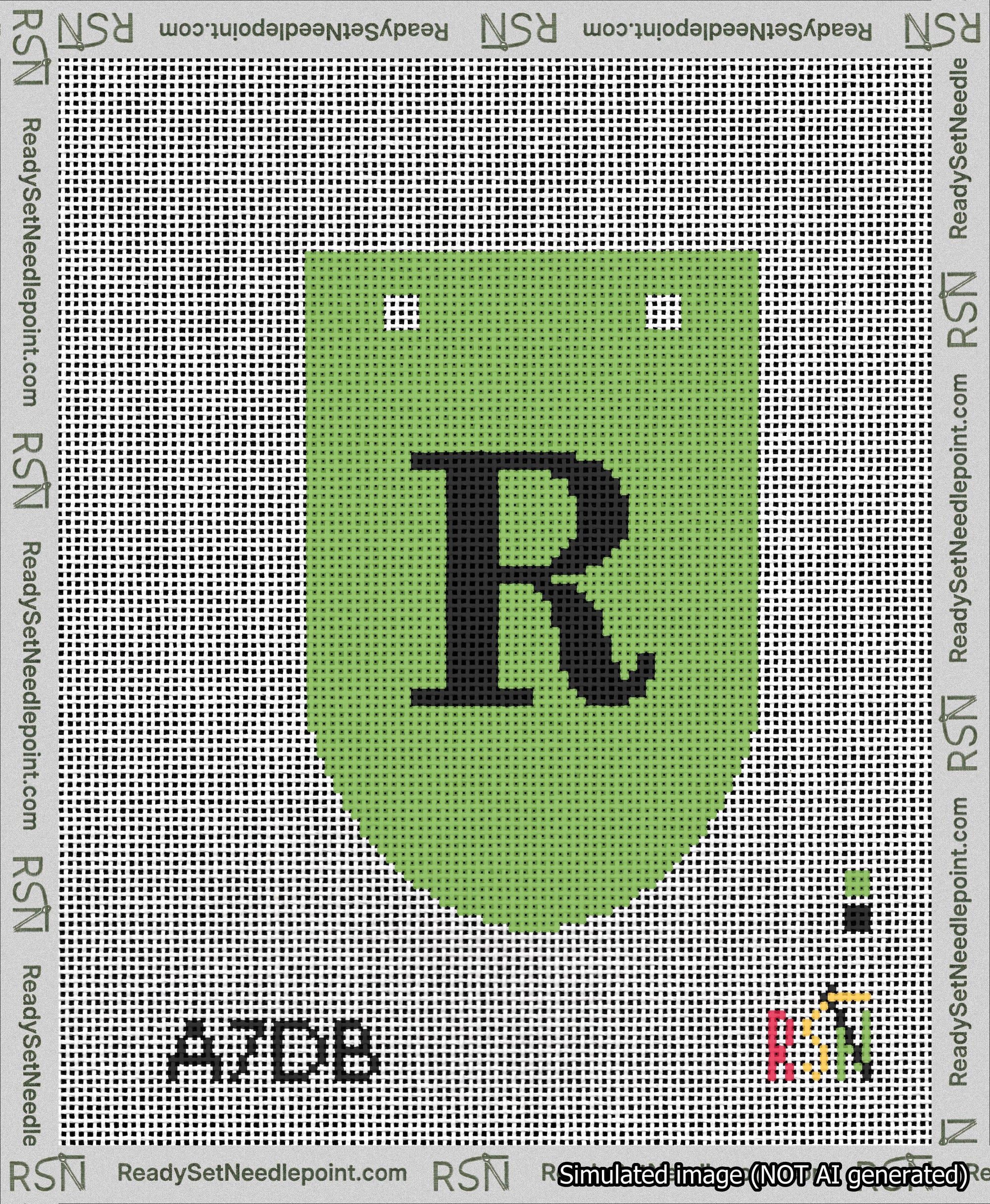 A taped needlepoint canvas with the design: Banner 13 mesh count Rounded R Black on Light Green.