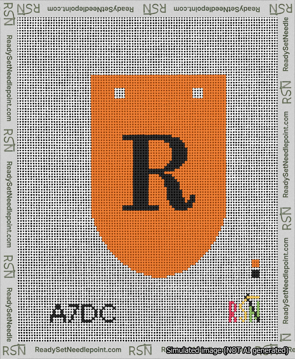A taped needlepoint canvas with the design: Banner 13 mesh count Rounded R Black on Orange.