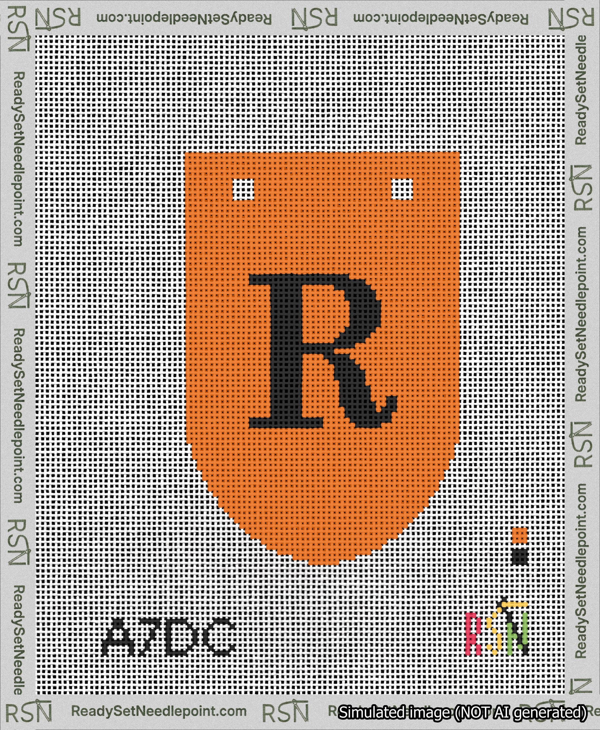 A taped needlepoint canvas with the design: Banner 13 mesh count Rounded R Black on Orange.