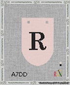 A taped needlepoint canvas with the design: Banner 13 mesh count Rounded R Black on Pink.