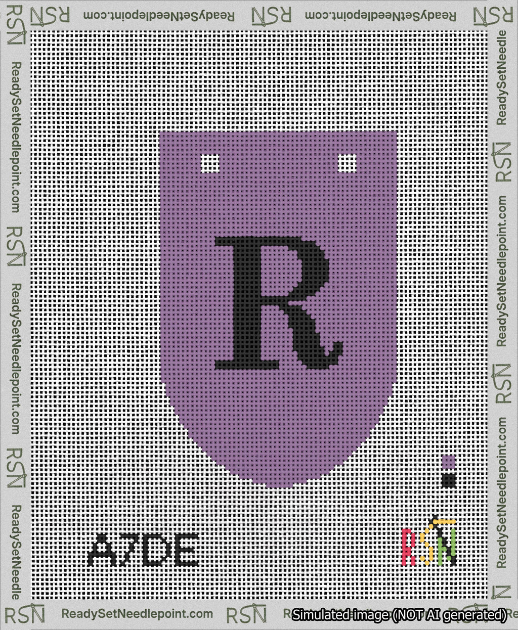 A taped needlepoint canvas with the design: Banner 13 mesh count Rounded R Black on Purple.