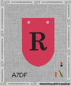 A taped needlepoint canvas with the design: Banner 13 mesh count Rounded R Black on Red.