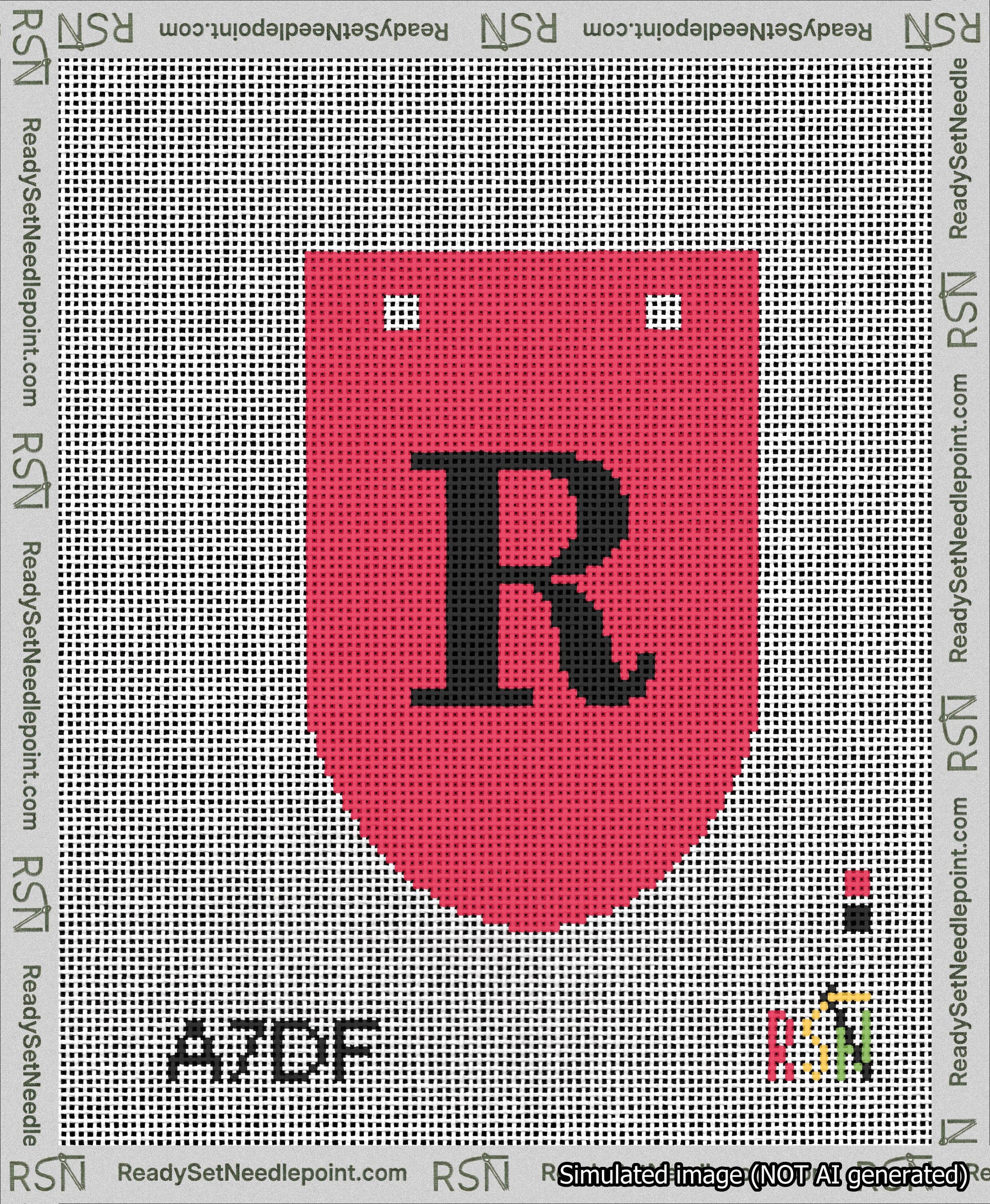 A taped needlepoint canvas with the design: Banner 13 mesh count Rounded R Black on Red.