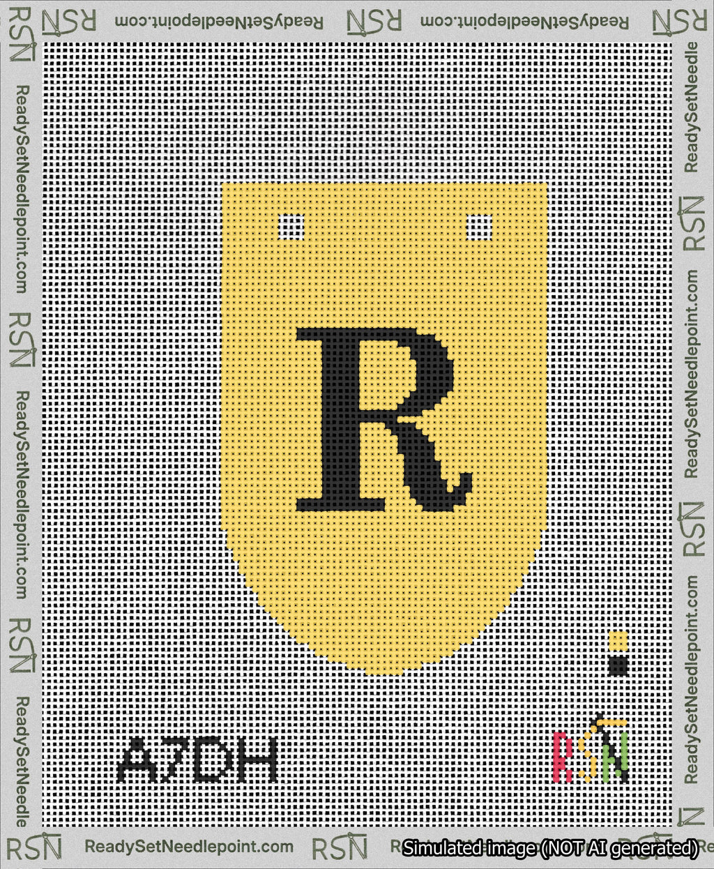A taped needlepoint canvas with the design: Banner 13 mesh count Rounded R Black on Yellow.