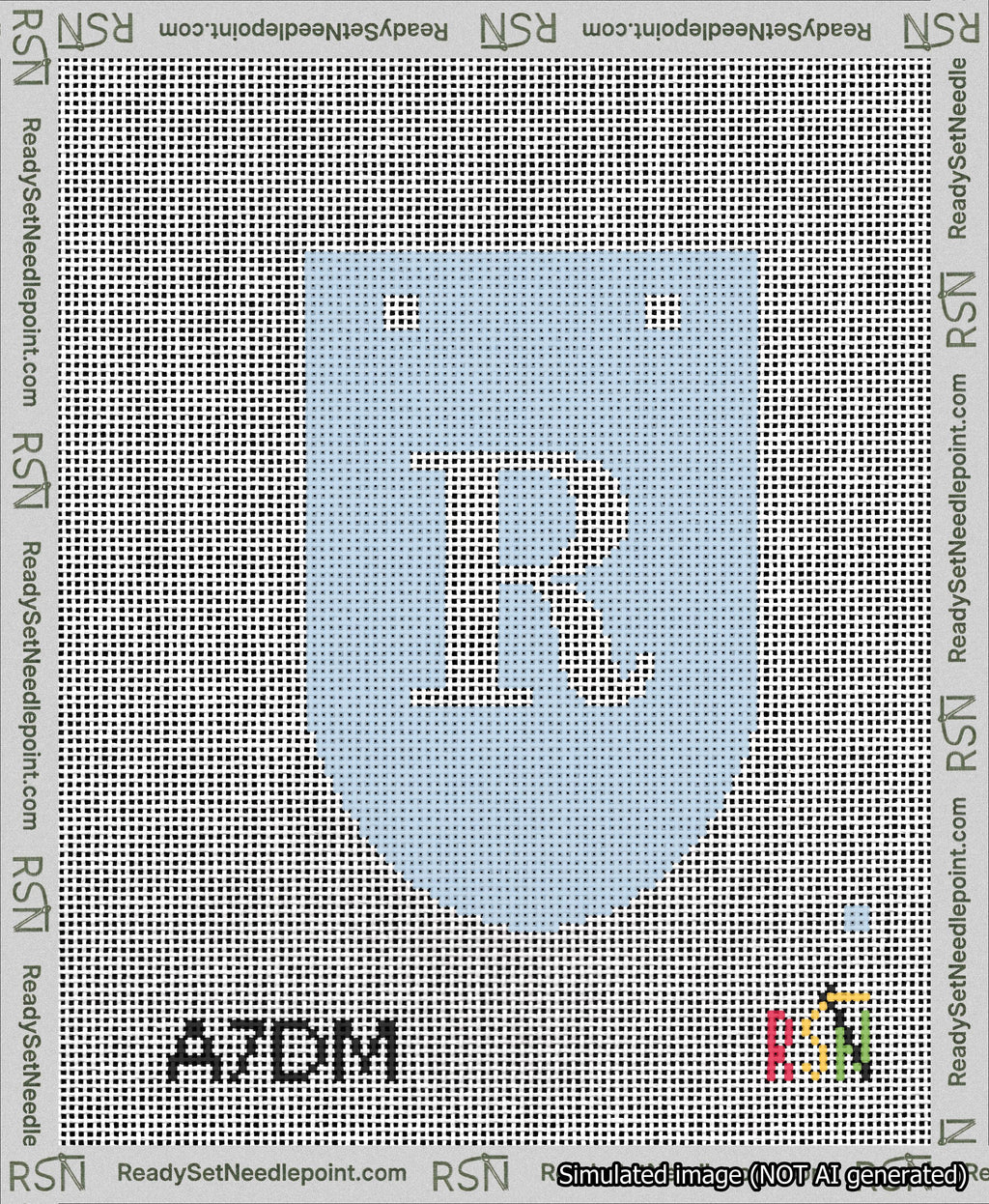 A taped needlepoint canvas with the design: Banner 13 mesh count Rounded R White on Light Blue.