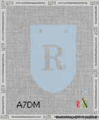 A taped needlepoint canvas with the design: Banner 13 mesh count Rounded R White on Light Blue.