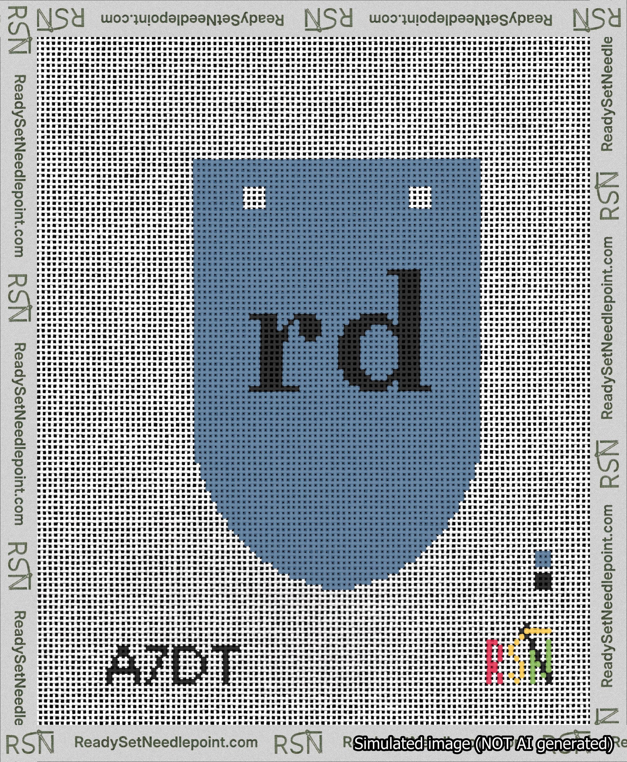 A taped needlepoint canvas with the design: Banner 13 mesh count Rounded rd Black on Blue.