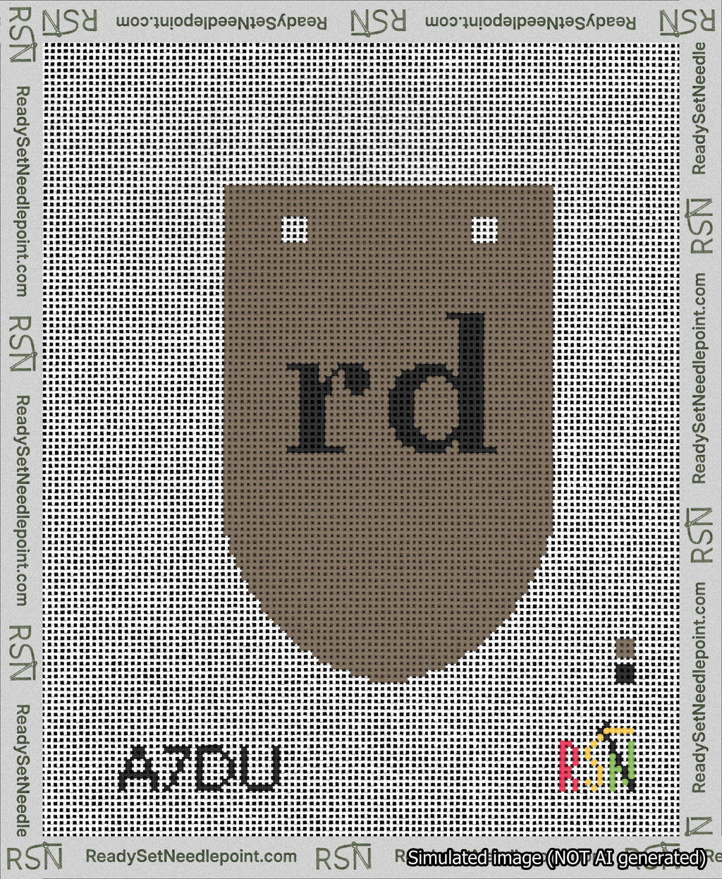 A taped needlepoint canvas with the design: Banner 13 mesh count Rounded rd Black on Brown.