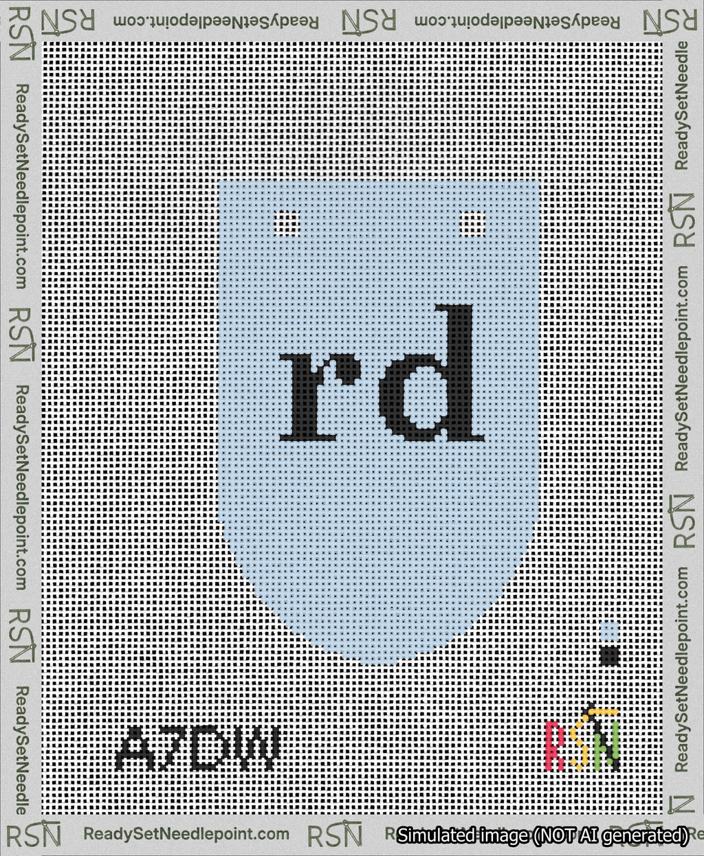 A taped needlepoint canvas with the design: Banner 13 mesh count Rounded rd Black on Light Blue.