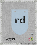 A taped needlepoint canvas with the design: Banner 13 mesh count Rounded rd Black on Light Blue.
