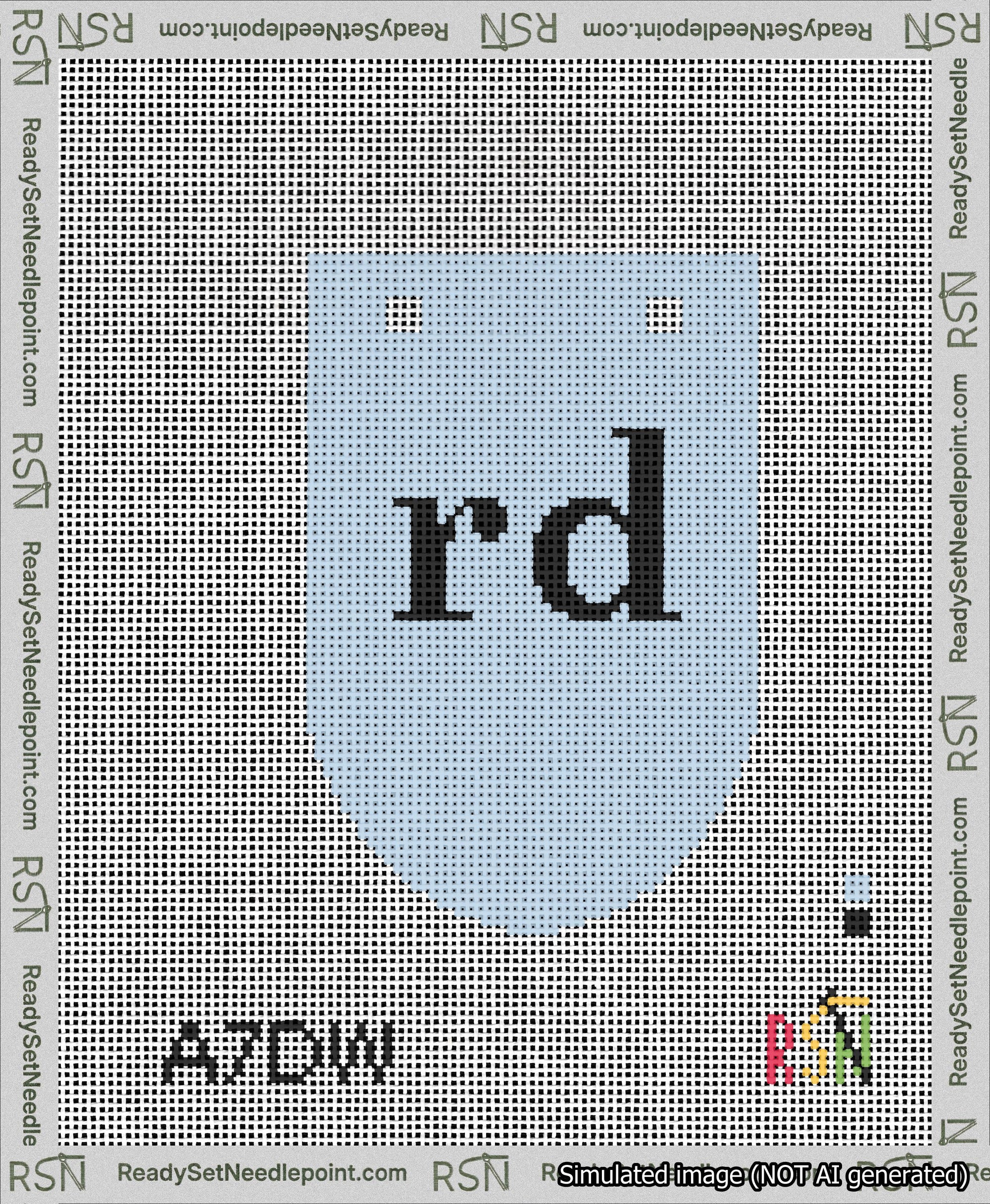 A taped needlepoint canvas with the design: Banner 13 mesh count Rounded rd Black on Light Blue.