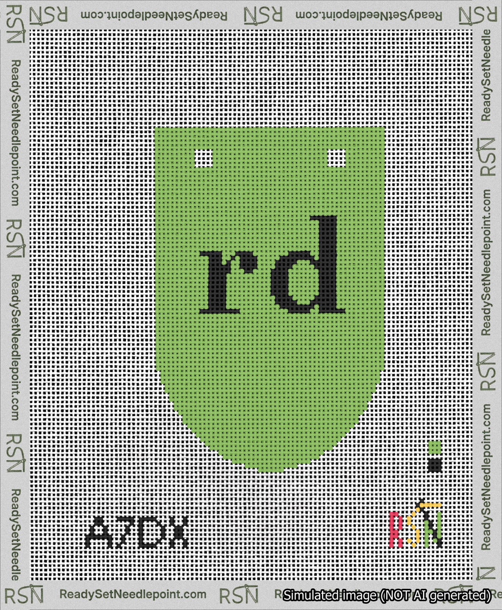 A taped needlepoint canvas with the design: Banner 13 mesh count Rounded rd Black on Light Green.