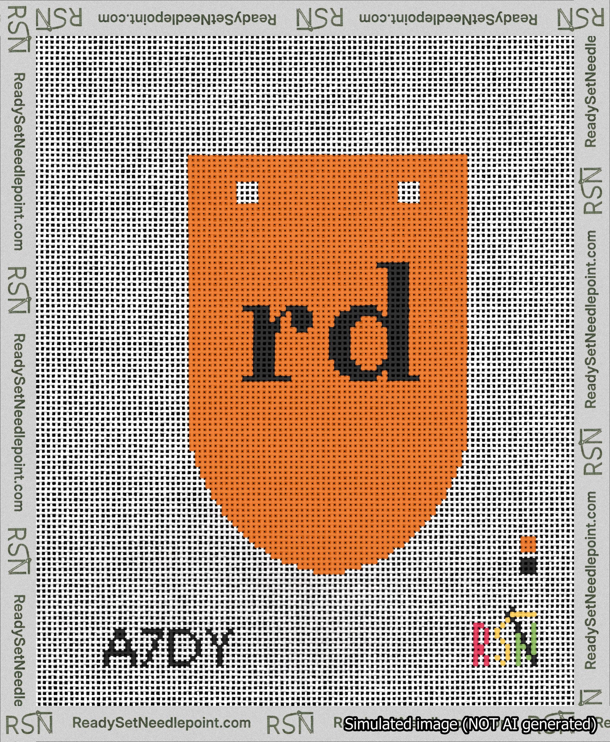 A taped needlepoint canvas with the design: Banner 13 mesh count Rounded rd Black on Orange.