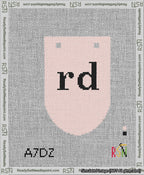 A taped needlepoint canvas with the design: Banner 13 mesh count Rounded rd Black on Pink.