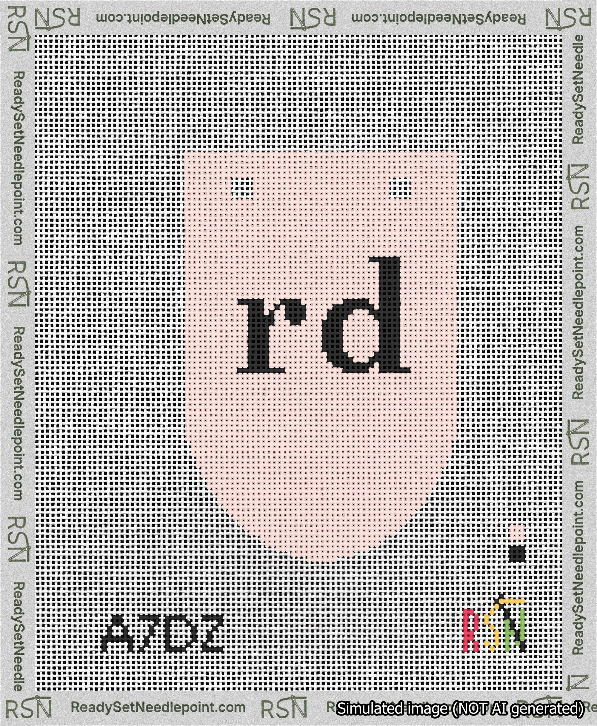 A taped needlepoint canvas with the design: Banner 13 mesh count Rounded rd Black on Pink.