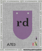 A taped needlepoint canvas with the design: Banner 13 mesh count Rounded rd Black on Purple.