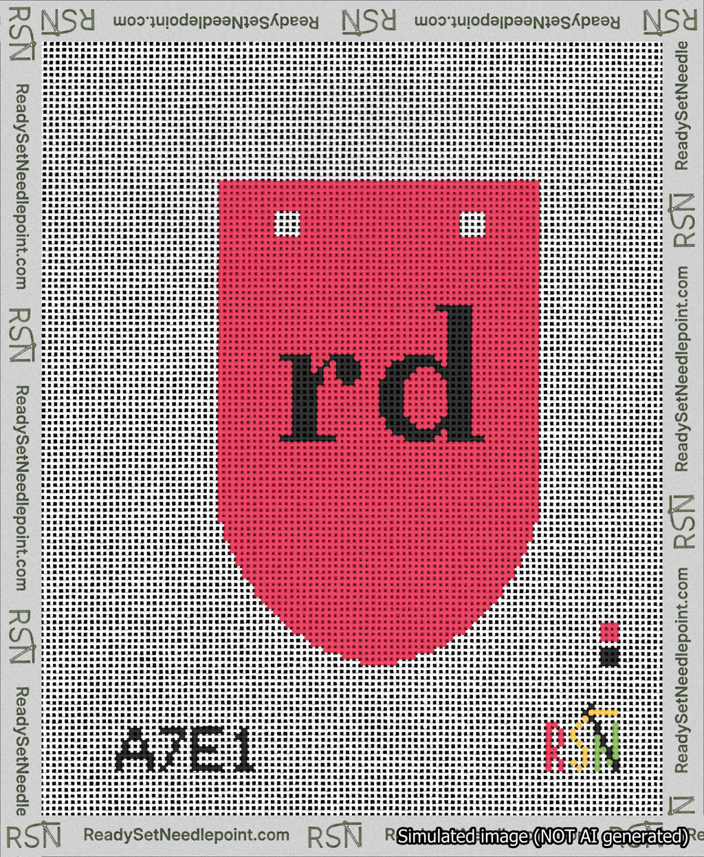 A taped needlepoint canvas with the design: Banner 13 mesh count Rounded rd Black on Red.