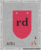 A taped needlepoint canvas with the design: Banner 13 mesh count Rounded rd Black on Red.