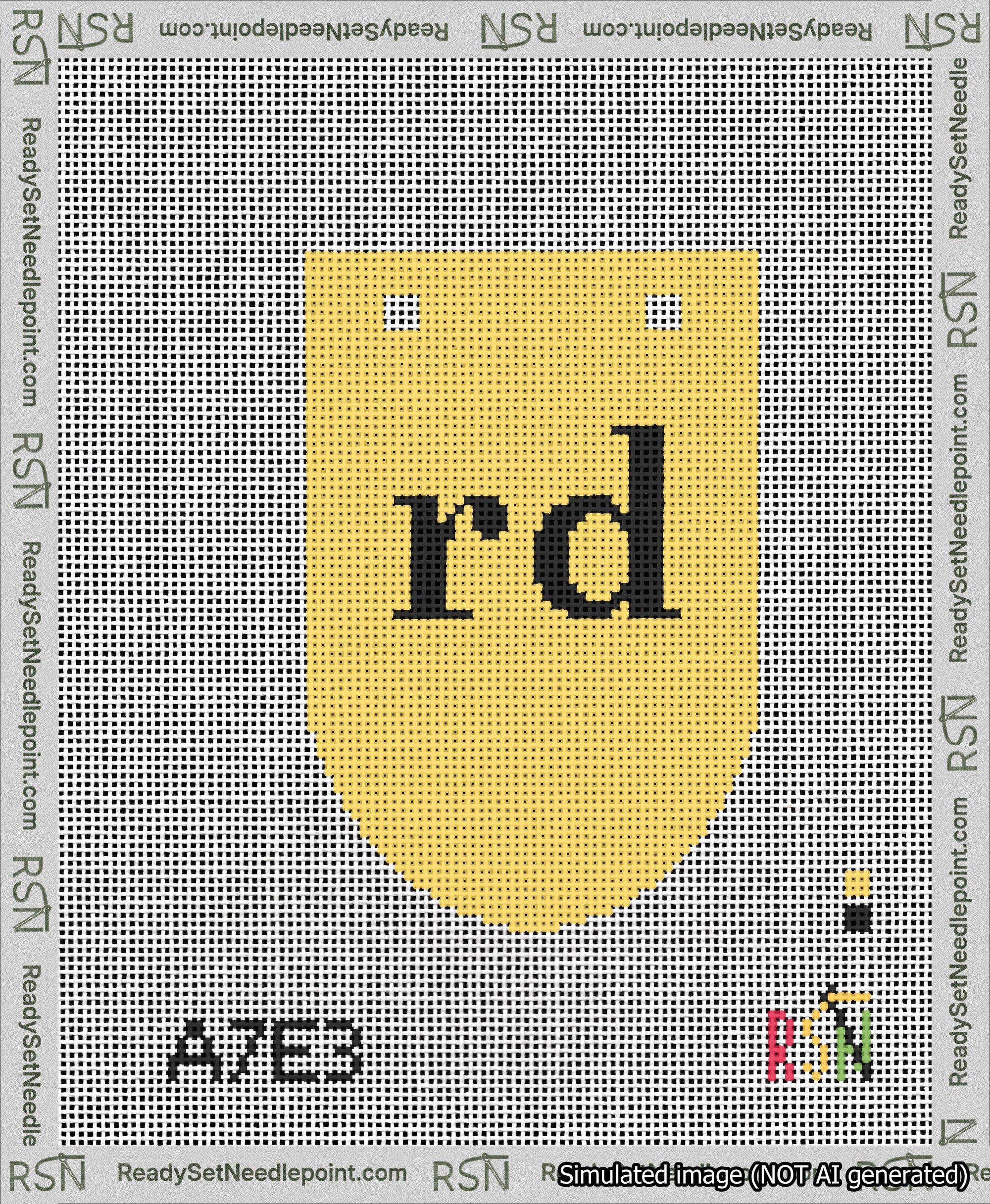 A taped needlepoint canvas with the design: Banner 13 mesh count Rounded rd Black on Yellow.